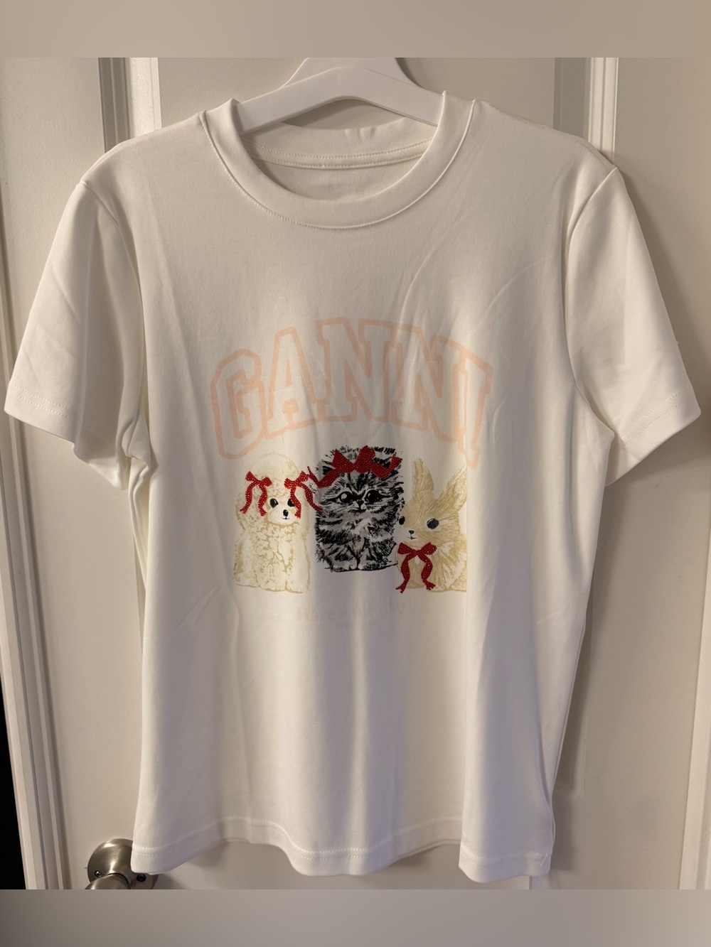 Ganni White Tee with Festive Animal Trio Graphic